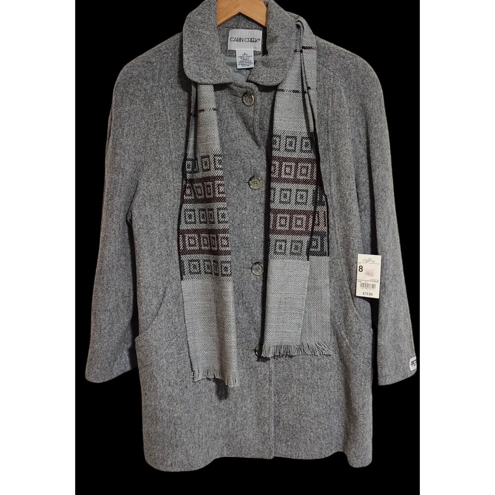 Vintage Cabin Creek Size 8P Grey Shell Wool Coat With Built In Scarf